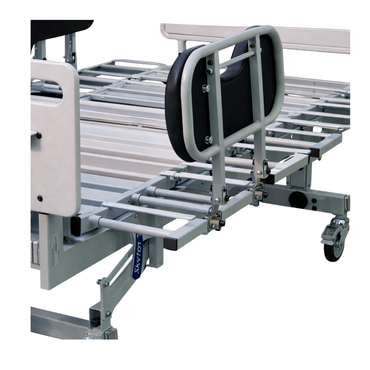 A close-up view of Joerns Accessories for RC 1000 Bariatric Bed features metal rails, adjustable sections, and a padded black side rail, highlighting bariatric patient support and enhanced mobility through the exposed mechanical structure.