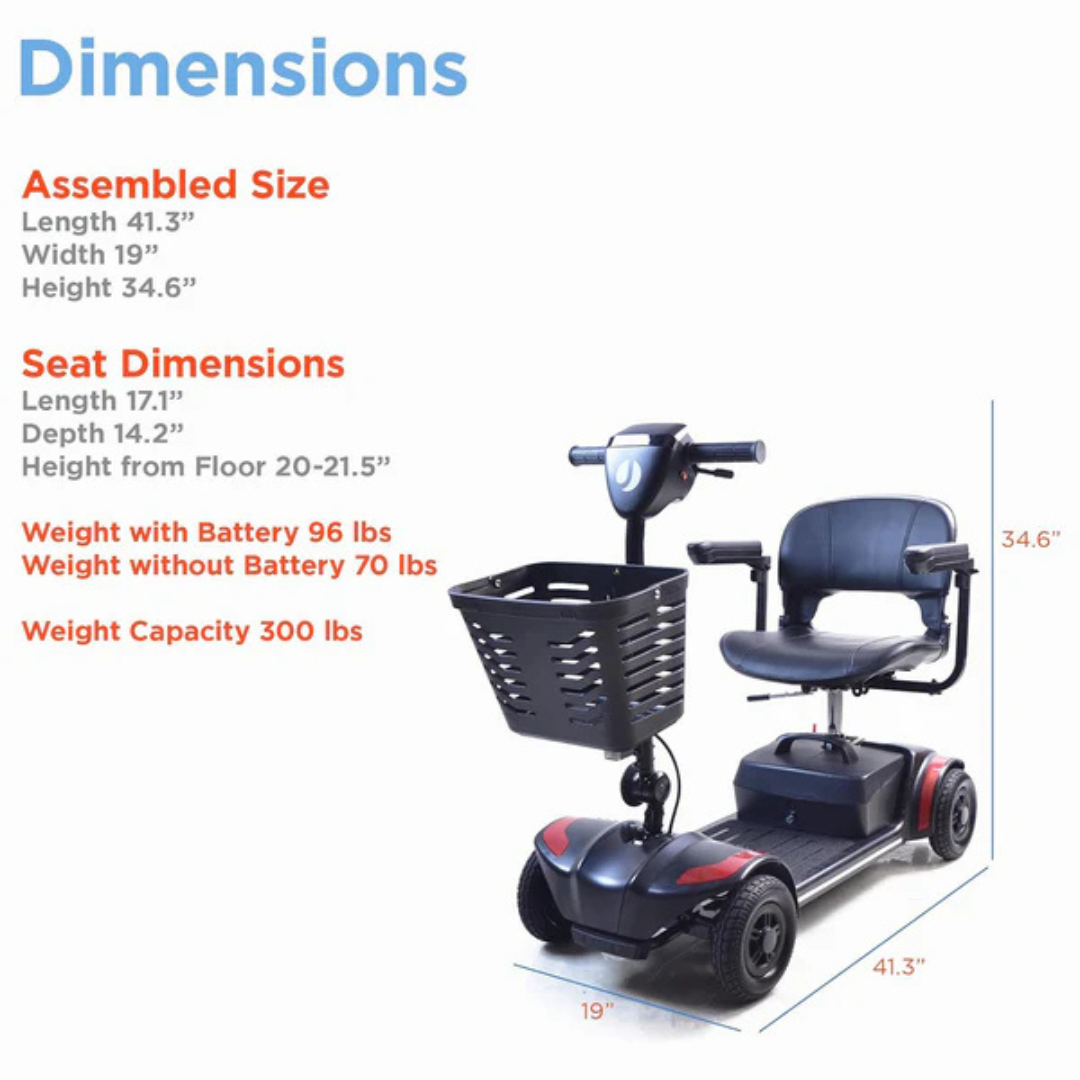 The image features the Journey Adventure Scooter, a 4-wheel portable mobility scooter with intuitive controls. It measures 41.3 L x 19 W x 34.6 H when assembled, has seat dimensions of 17.1 L x 14.2 D, a floor height of 20-21.5, and weighs 96 lbs with the battery, or 70 lbs without it.
.