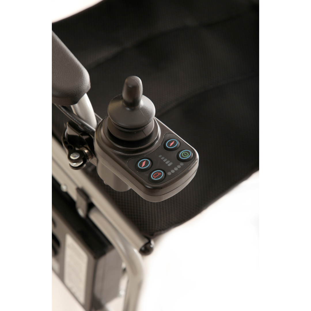Close-up of the joystick control panel on the travel-friendly Journey Air Elite Folding Carbon Fiber Powerchair, which weighs just 29 lbs. The panel includes multiple buttons and a joystick handle, set against a dark seat backdrop.