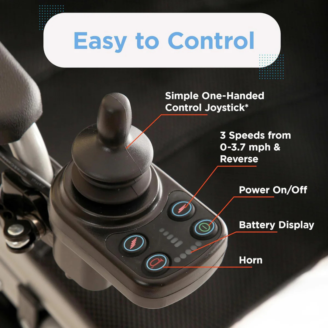 A close-up of the Easy to Control joystick on the Journey Air Elite Folding Carbon Fiber Powerchair (29 lbs). Includes one-handed joystick, speed control (0-3.7 mph), reverse, power button, battery display, and horn—ideal for travel.