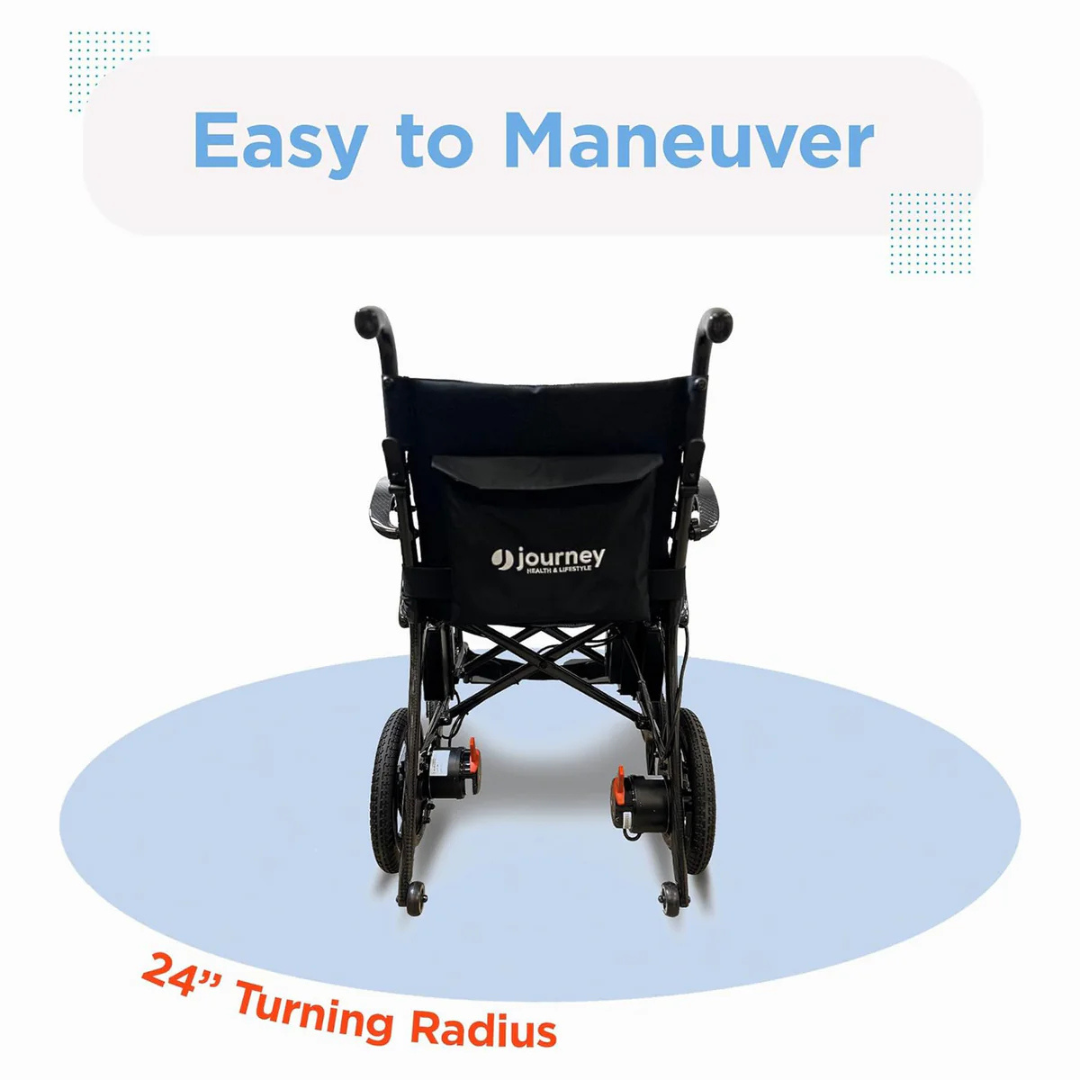 The Journey Air Elite Folding Carbon Fiber Powerchair is a 29 lb black chair with red accents, designed for easy maneuverability with a 24” turning radius. It features joystick control, large rear wheels, and small front wheels for travel convenience. Text reads Easy to Maneuver.