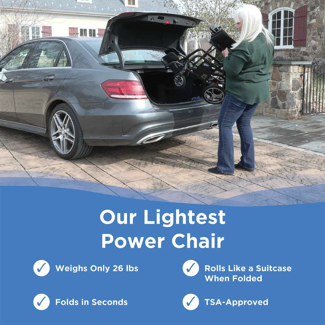 A woman effortlessly lifts a Journey Air Elite Folding Carbon Fiber Powerchair into a car trunk. The text reads: Our Lightest Power Chair, highlighting features like weighing only 29 lbs, suitcase-like rolling when folded, folding in seconds, and TSA-approved—ideal for travel-friendly design needs.