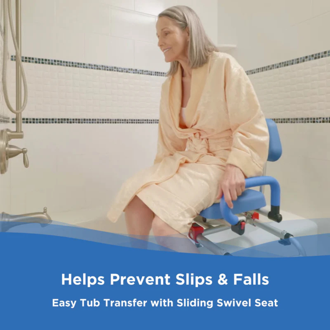 A woman in a bathrobe sits on the Journey SoftSecure Rotating Shower Transfer Bench with Microban protection at the tubs edge. Text: Helps Prevent Slips & Falls. Easy Tub Transfer with Sliding Swivel Seat.