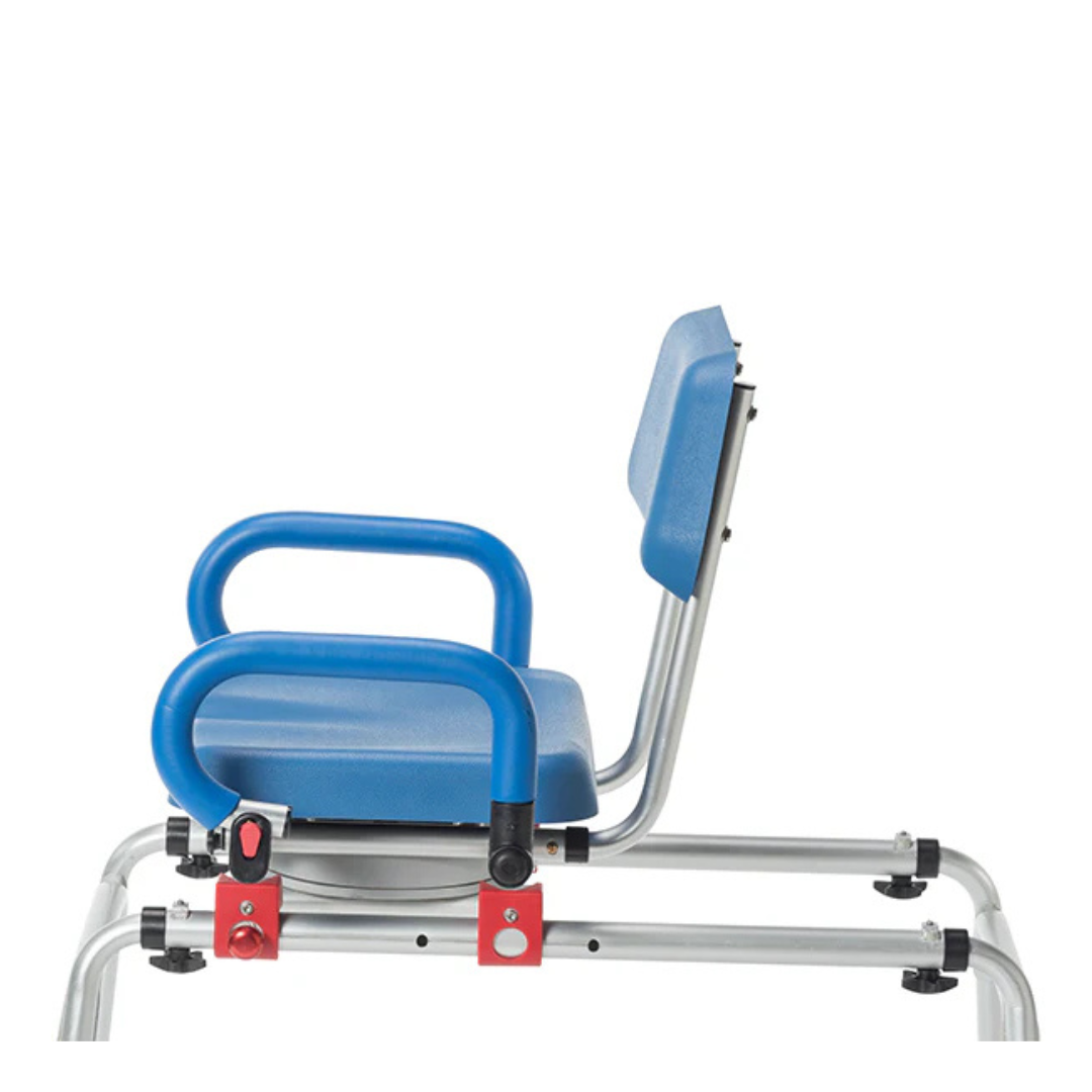 Side view of the Journey SoftSecure Rotating Shower Transfer Bench in blue, featuring a backrest, armrests, silver frame with red knobs for stability and accessibility. Includes Microban protection for added cleanliness.