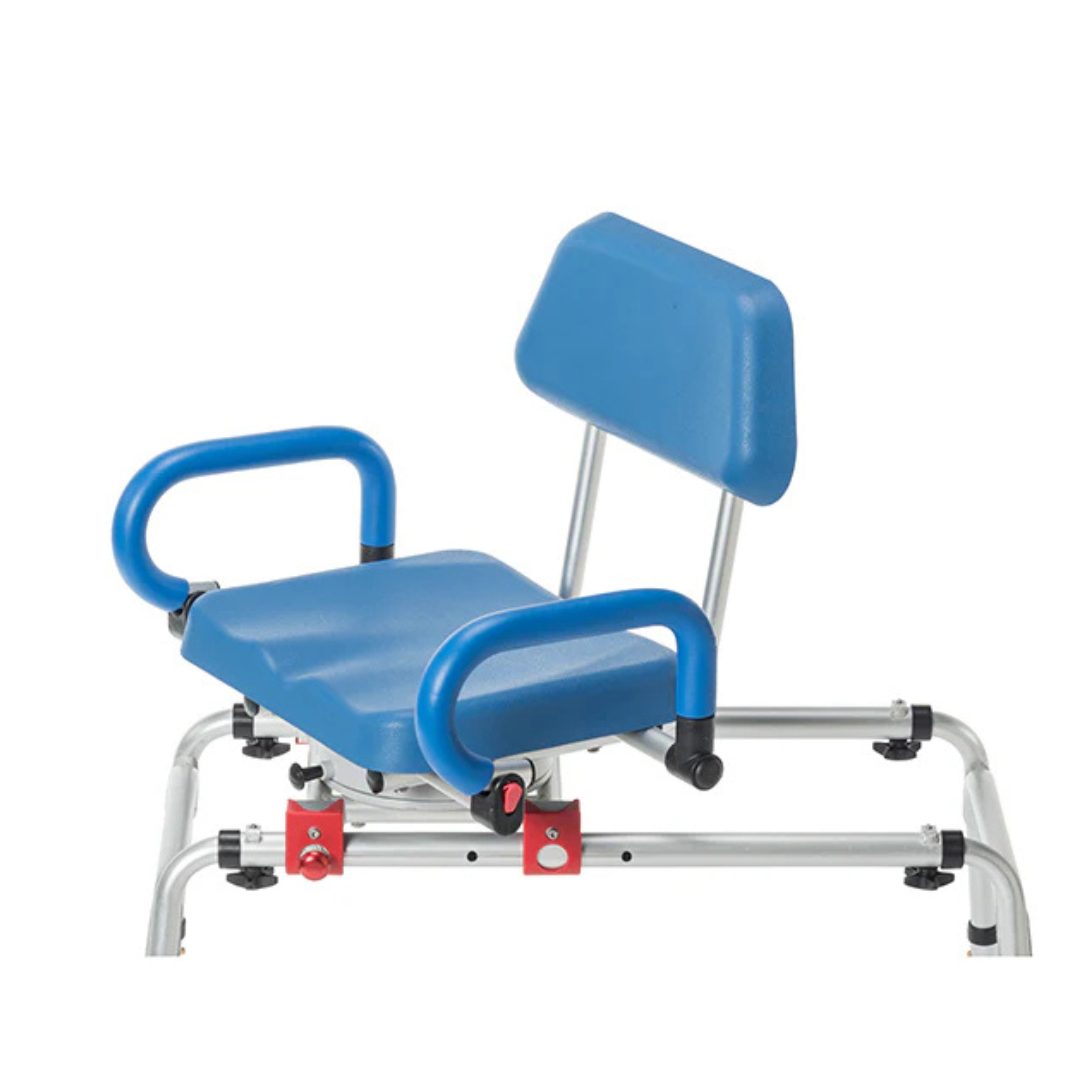 The Journey SoftSecure Rotating Shower Transfer Bench features a blue seat with armrests and backrest, mounted on a silver metal frame with adjustable settings for easy tub access and enhanced comfort.