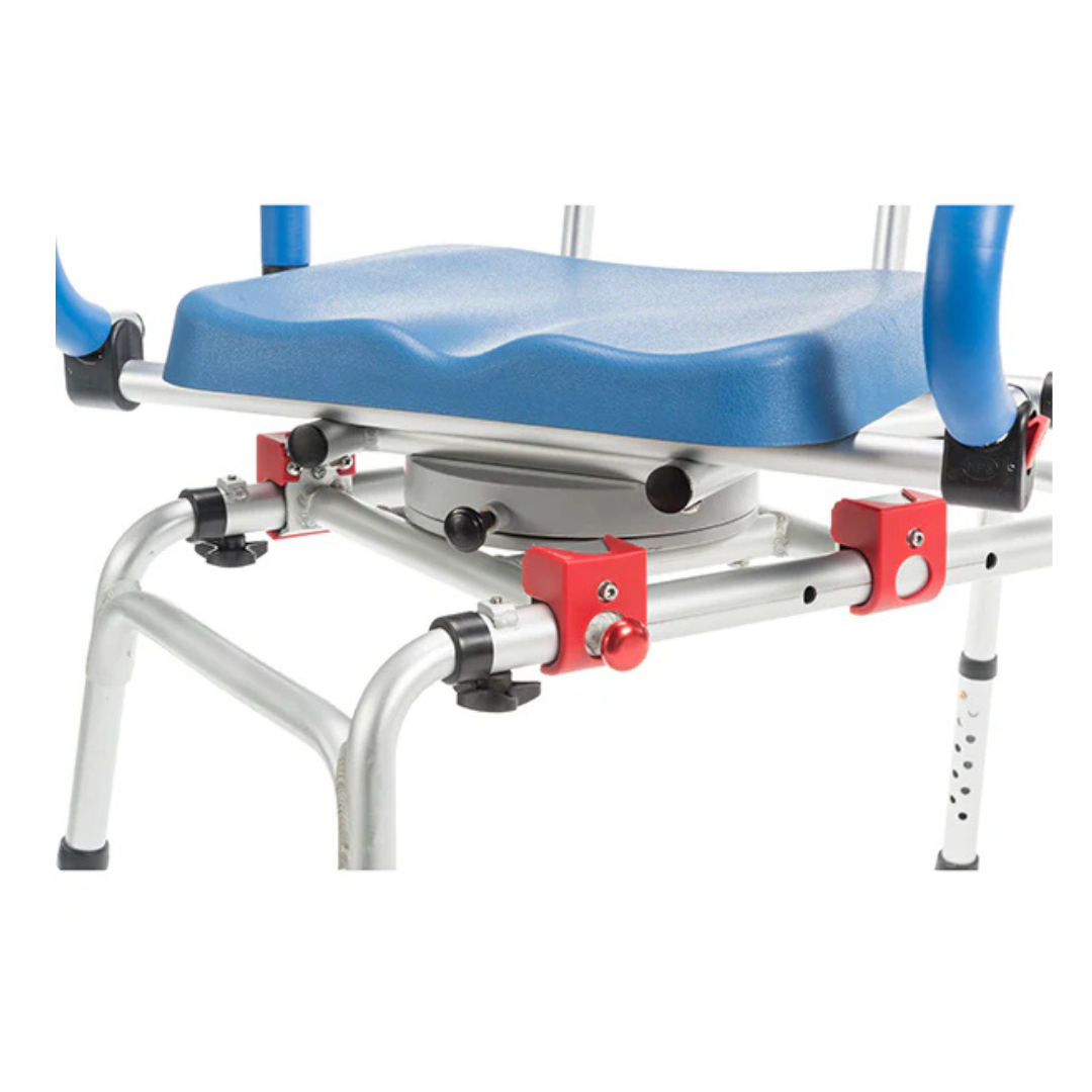 Close-up of the Journey SoftSecure Rotating Shower Transfer Bench with a blue plastic seat, metal frame, adjustable height, red locking mechanisms, and a swivel base for easy tub entry and transfer.