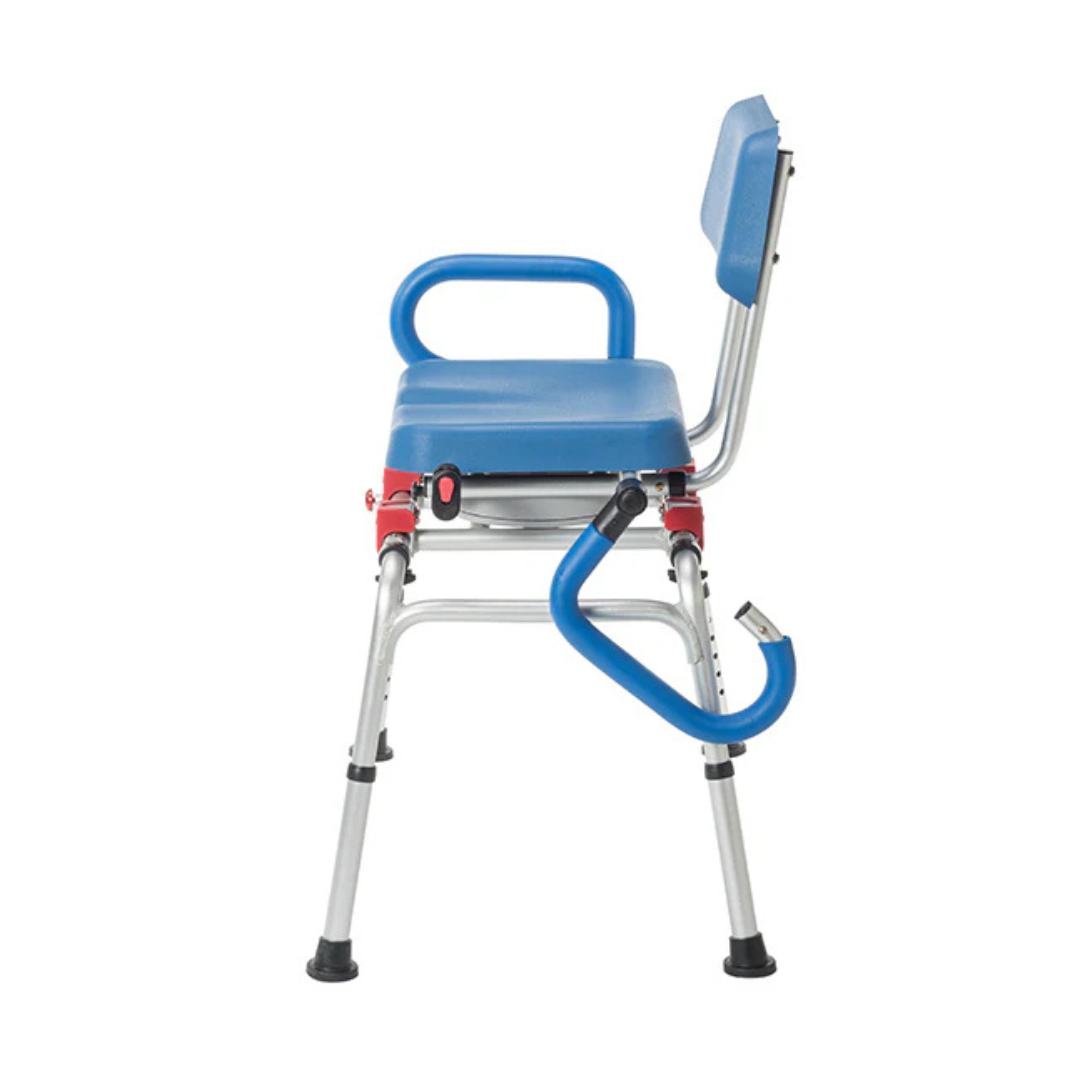 The Journey SoftSecure Rotating Shower Transfer Bench features a blue padded seat, backrest, and armrests—one swings open—for easy tub entry. It’s supported by four sturdy metal legs with rubber tips for added stability.
