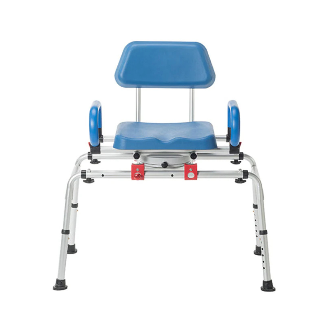 The Journey SoftSecure Rotating Shower Transfer Bench features a blue and silver adjustable design with armrests, a supportive backrest, wide stable legs, and smooth rotation for safe, comfortable tub entry for those with mobility challenges.