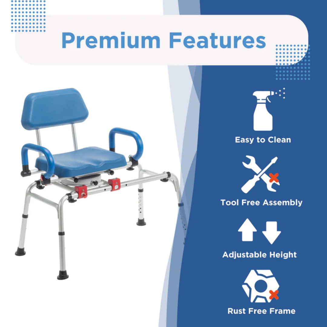 The Journey SoftSecure Rotating Shower Transfer Bench in blue and silver features arms, backrest, tool-free assembly, adjustable height, rust-free frame, easy tub entry, and Microban antimicrobial protection. Premium features are shown with icons on a blue background.