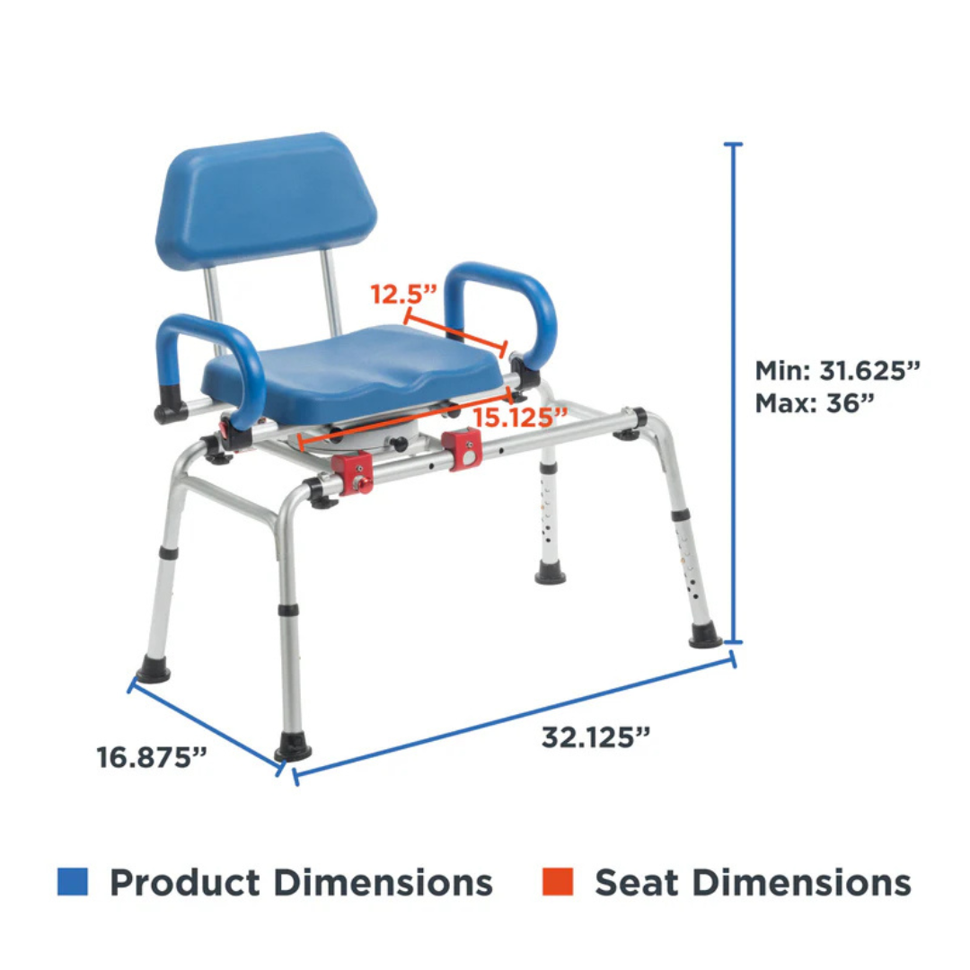 Journey SoftSecure Rotating Shower Transfer Bench with blue backrest and arms, silver legs, measurement labels, and Microban protection. Easy tub entry; seat measures 12.5” x 15.125”; height adjusts from 31.625” to 36”.