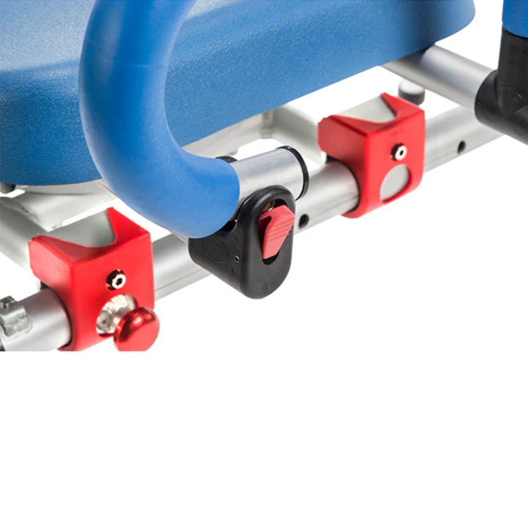 Close-up of the Journey SoftSecure Rotating Shower Transfer Bench, featuring a blue padded seat, metal frame, blue handle, and red and black adjustable locking mechanisms for safe and easy tub entry.