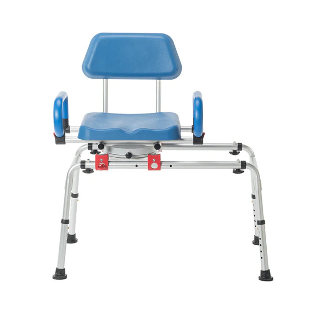 The Journey SoftSecure Rotating Shower Transfer Bench features a blue and silver design, armrests, backrest, sturdy legs, drainage cut-outs, easy tub entry, red safety locks underneath, and Microban antimicrobial protection.