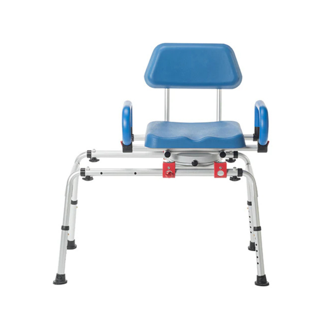 The Journey SoftSecure Rotating Shower Transfer Bench, in blue and silver, has backrest, armrests, non-slip rubber feet, and Microban antimicrobial protection to help those with limited mobility enter and exit the tub safely and easily.