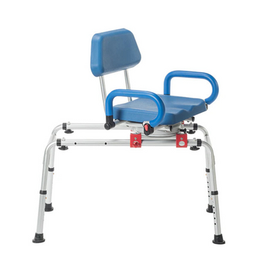 The Journey SoftSecure Rotating Shower Transfer Bench is a blue padded chair with backrest and armrests, on an adjustable silver frame, offering easy tub access and Microban antimicrobial protection for safer mobility assistance.