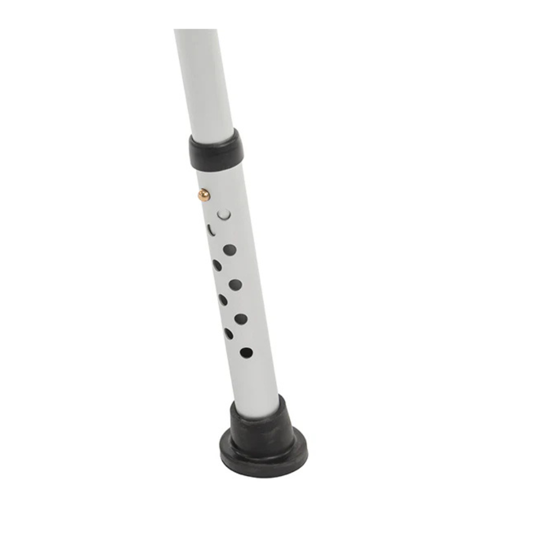 Close-up of the lower part of the Journey SoftSecure Rotating Shower Transfer Bench’s gray adjustable leg, featuring height adjustment holes and a black rubber tip, often paired with a bathtub chair for safe transfers.