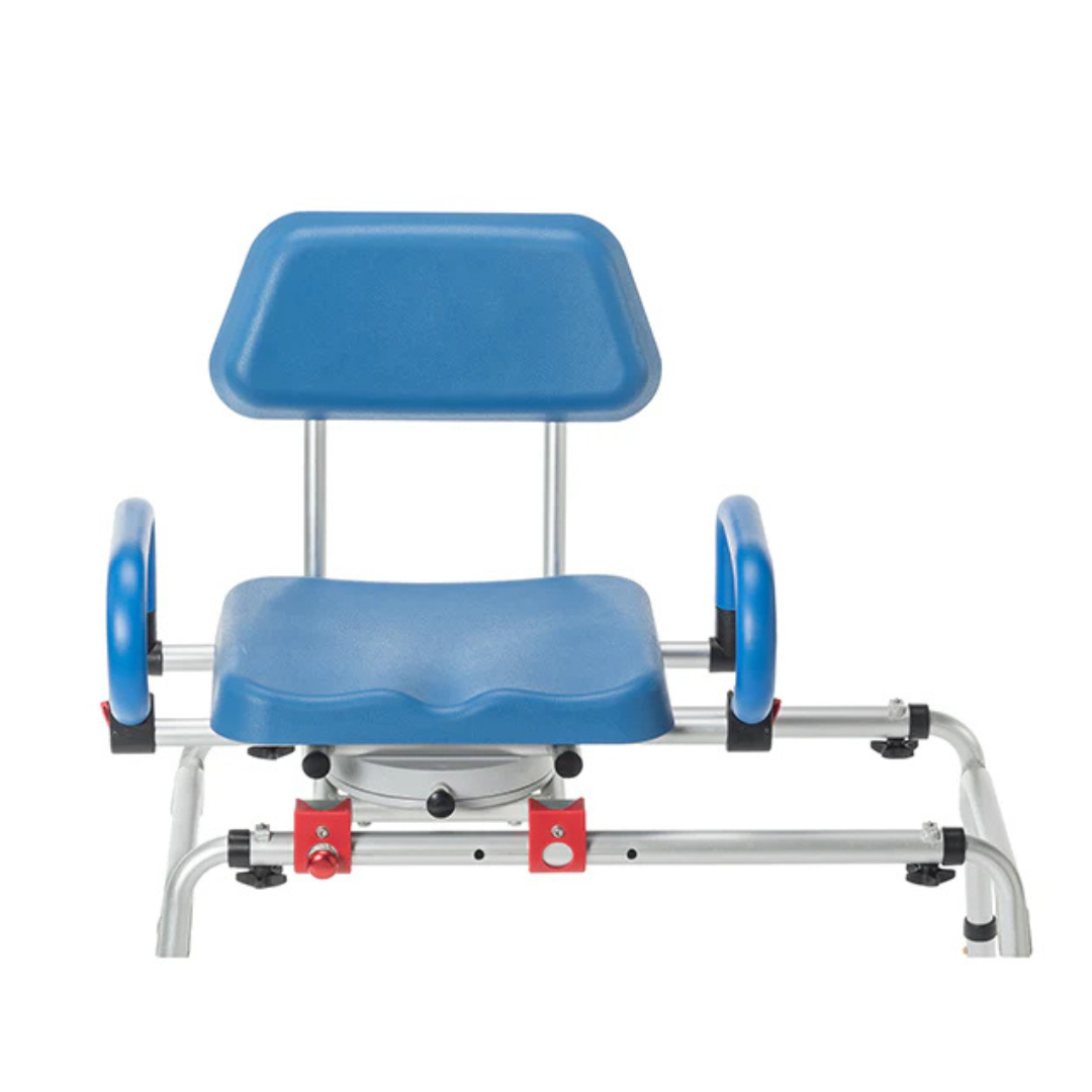 The Journey SoftSecure Rotating Shower Transfer Bench is a blue chair with seat, backrest, and armrests on a sturdy metal frame, designed to assist those with limited mobility in safely transferring into and out of a shower or bathtub.