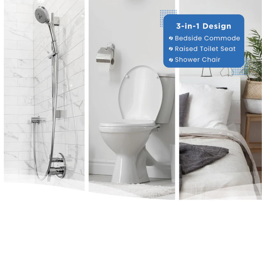 A split image shows a shower, toilet, and bedside with a blue box stating: 3-in-1 Design—Journey SoftSecure Uplift Toilet Assist Commode: Bedside Commode, Raised Toilet Seat, Shower Chair with self-powered lift assist for comfort.