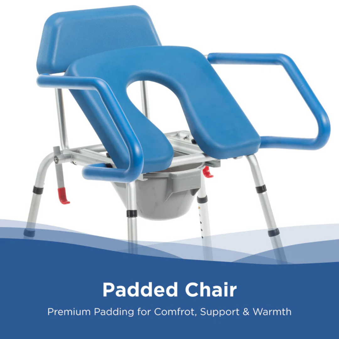 A blue Journey SoftSecure Uplift Toilet Assist Commode features a padded 3-in-1 design with armrests, an open front seat for accessibility, a removable bucket, and premium padding for comfort, support, and warmth. Self-powered lift assist included.