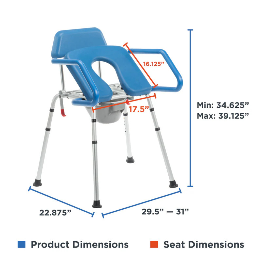 The Journey SoftSecure Uplift Toilet Assist Commode features a blue 3-in-1 design with self-powered lift assist, adjustable legs, armrests, and a seat cutout. Product: 22.875W x 29.5–31L x 34.625–39.125H; seat width: 17.5, armrest distance: 16.125.