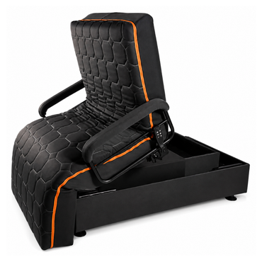 The Journey UPbed® Standard 4-in-1 Motorized Lift Bed features black upholstery with orange piping, armrests, a hexagonal quilted pattern, and a storage drawer—ideal for mobility support and enhanced comfort.