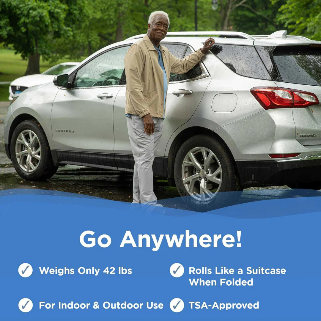 An older adult stands beside a silver SUV in a park, touching the door. The image promotes the Journey Zinger® Folding Powerchair, FAA approved and weighing 47 lbs. It rolls like a suitcase when folded and features dual-lever steering for easy indoor and outdoor maneuverability.