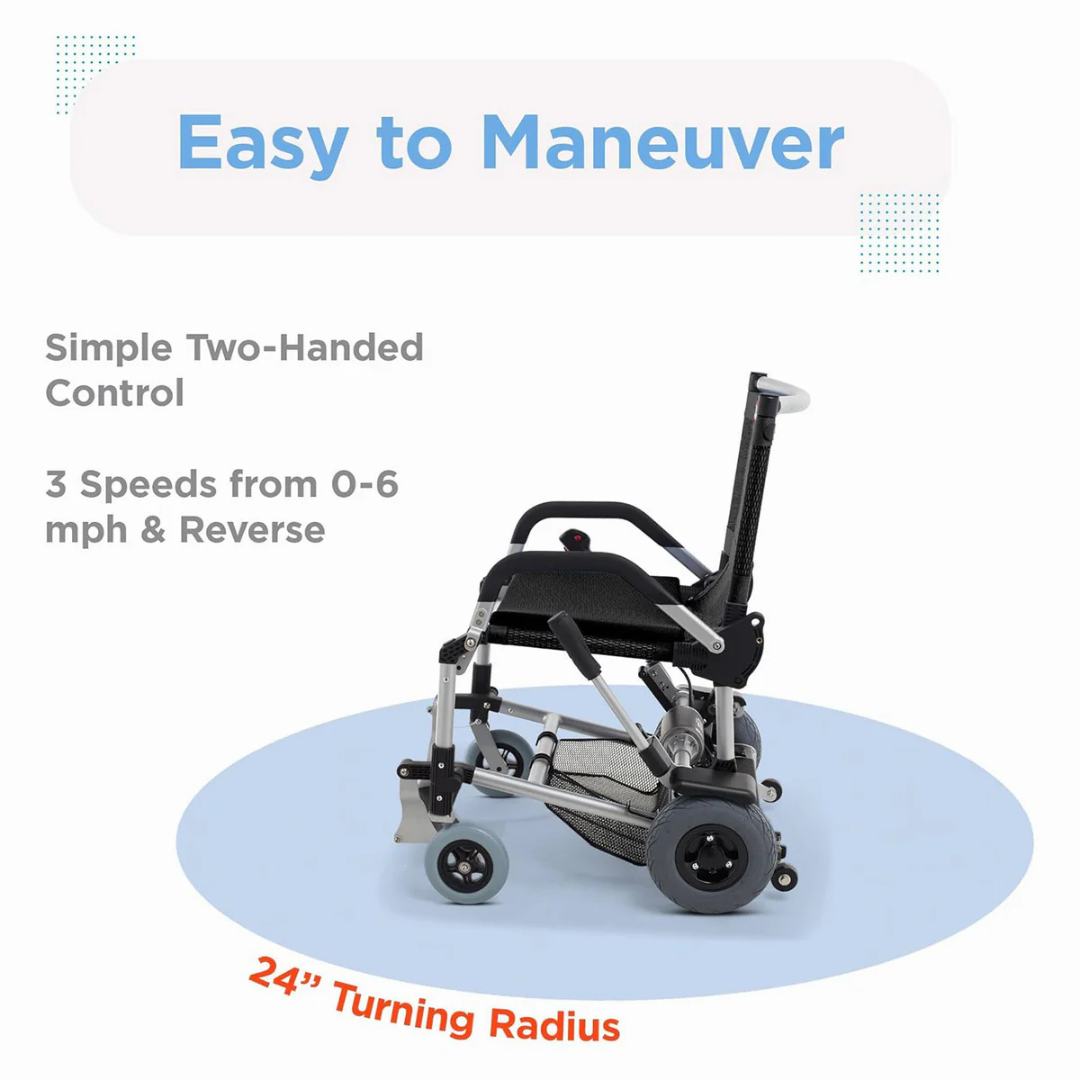 Explore the Journey Zinger® Folding Powerchair, weighing just 47 lbs and FAA approved. It offers effortless maneuverability with dual-lever steering, three speeds (0-6 mph), reverse option, and a 24-inch turning radius. Enjoy a true personal electric vehicle experience.