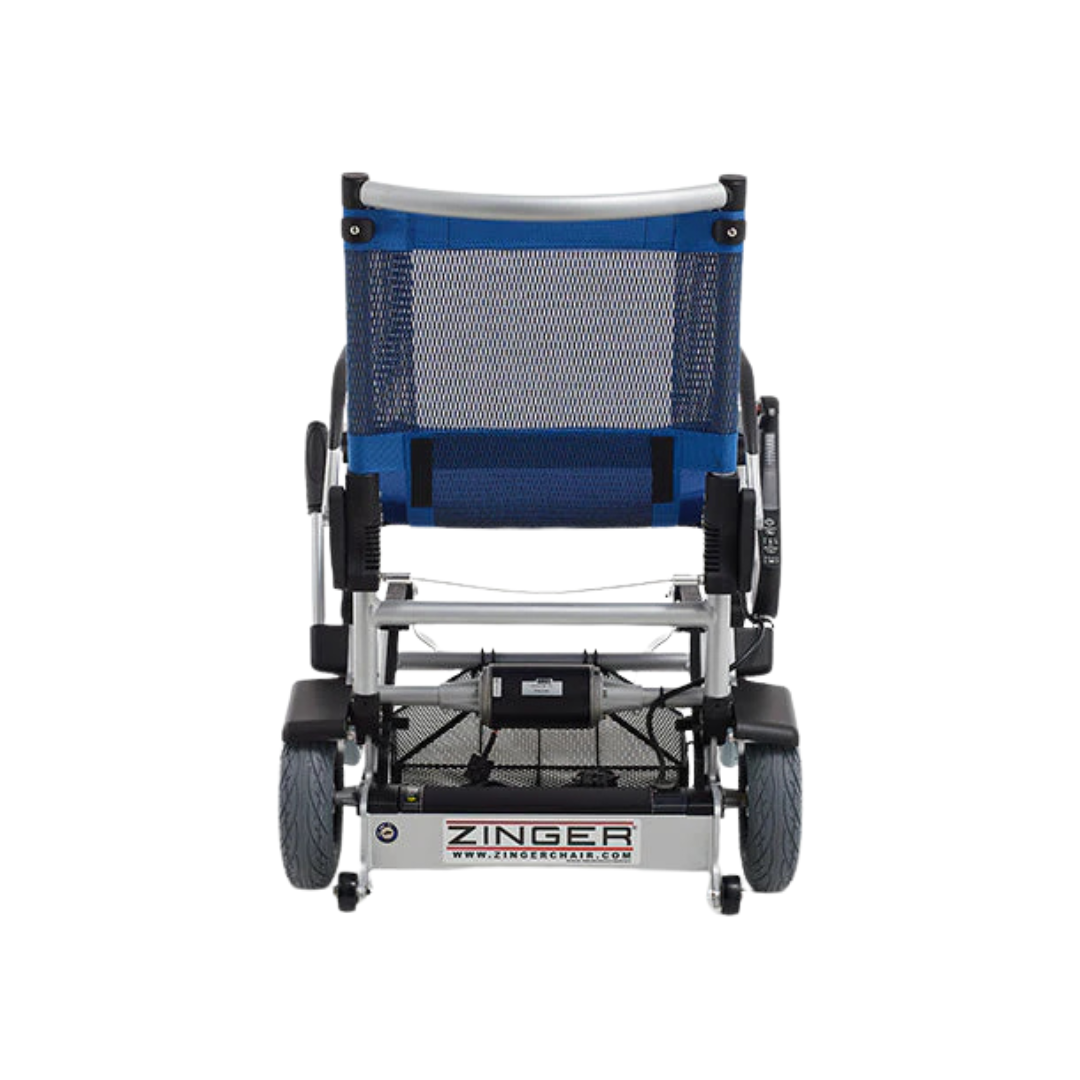 Rear view of the Journey Zinger® Folding Powerchair, weighing only 47 lbs, features a blue mesh backrest and grey frame. The base displays Zinger, highlighting its wheels, compact motor components, and dual-lever steering. Perfect for mobility and accessibility as a personal electric vehicle. FAA approved.