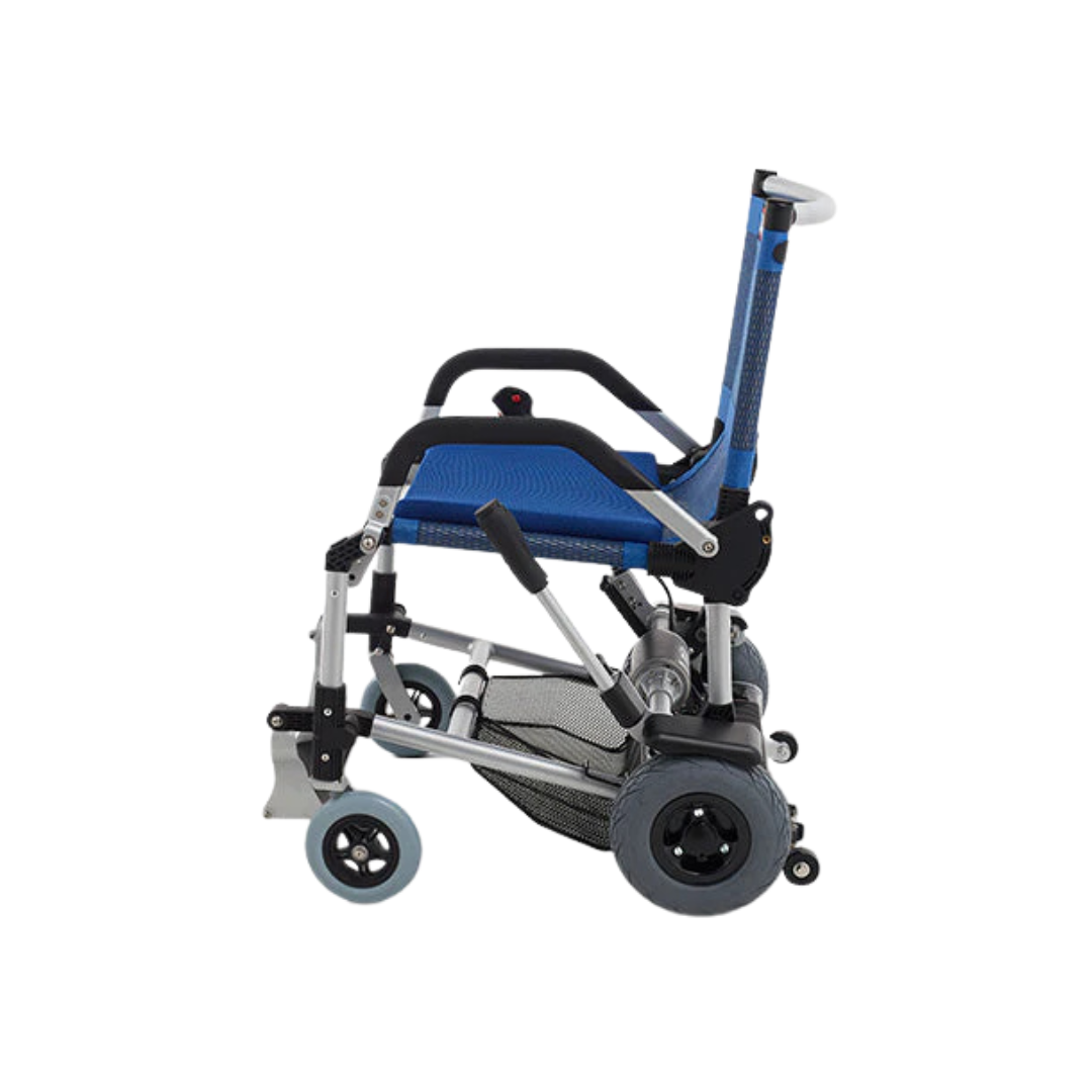 Side view of a blue and black lightweight Journey Zinger® Folding Powerchair, FAA approved and only 47 lbs. It features a compact design with large rear wheels, smaller front wheels, a mesh seat and backrest, making it easily portable and storable.