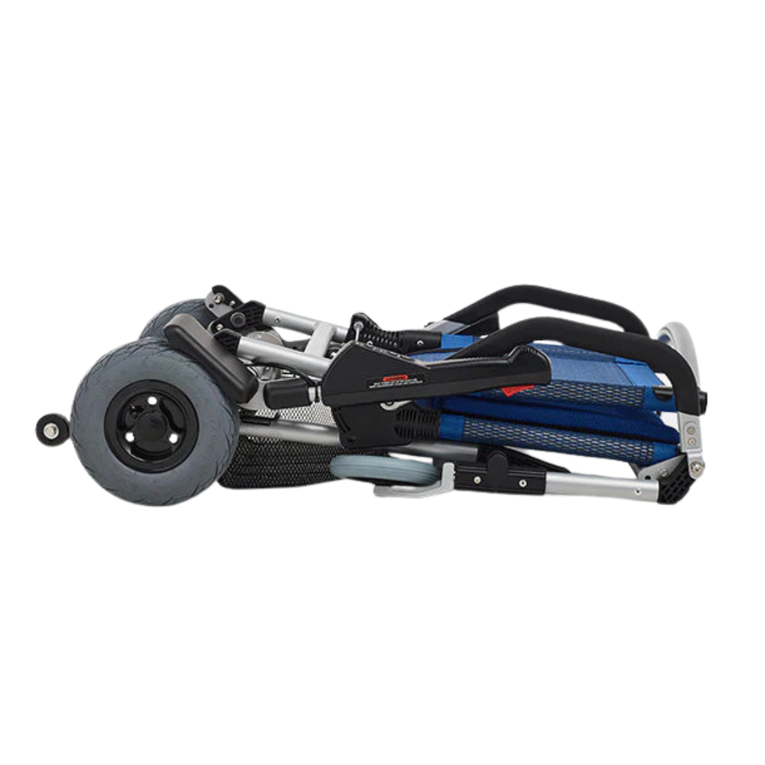 The Journey Zinger® Folding Powerchair, weighing just 47 lbs and FAA approved, features blue fabric with black handles and grey wheels. Its compact design offers ease of transport and storage, similar to a lightweight power mobility chair.