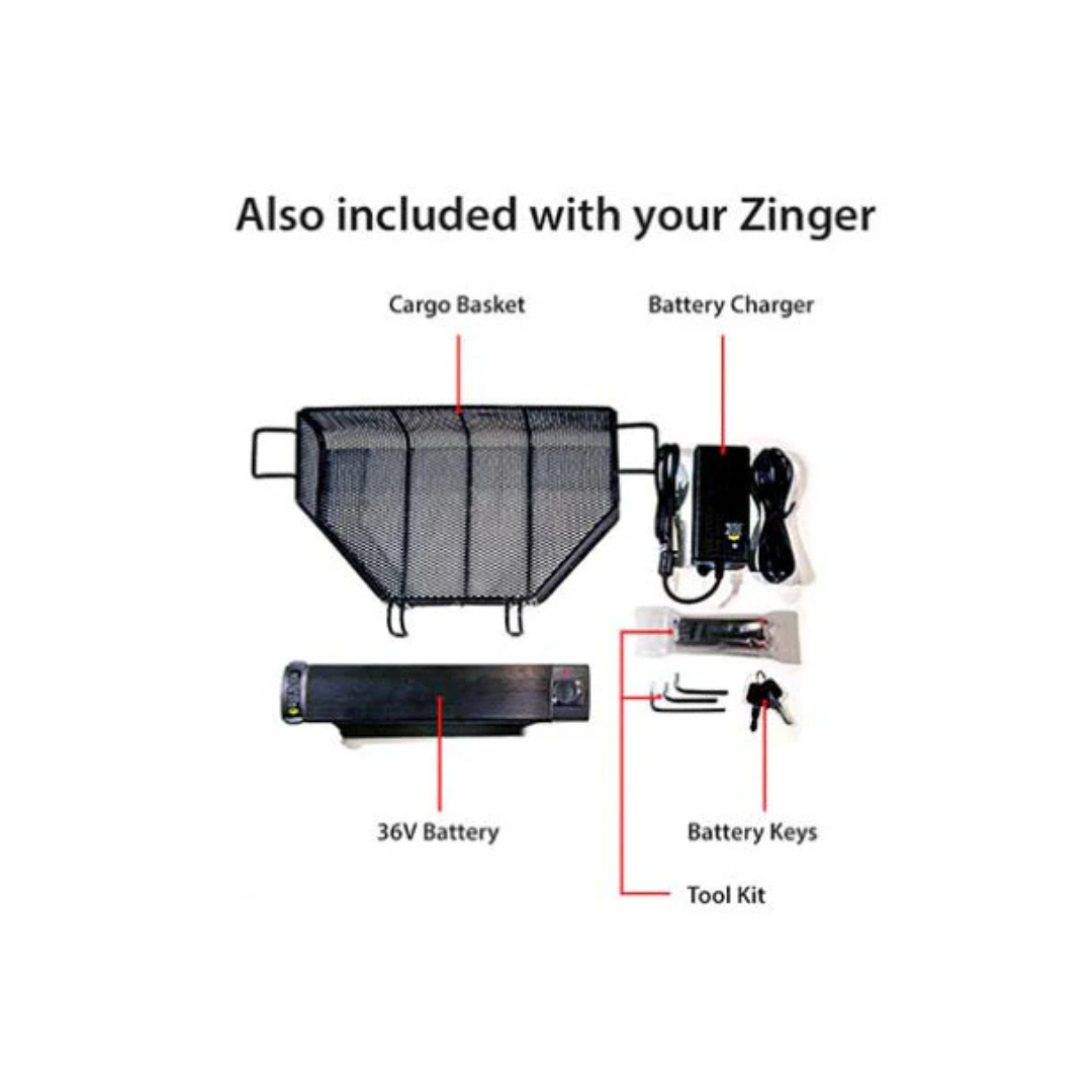 An image showcases components of a Journey Zinger® Folding Powerchair: cargo basket, battery charger, 36V battery, battery keys, and tool kit. The text reads Included with your personal electric vehicle. Each component is labeled distinctly.