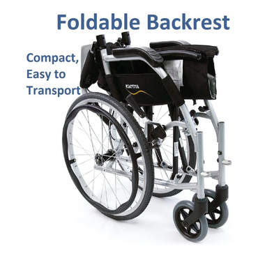 The Karman Ergo Flight Ultra Lightweight Ergonomic Wheelchair features an ergonomic design and backrest, making it easy to transport. Shown folded to highlight its compact design, the text reads: Ergonomic Design and Compact, Easy to Transport.
