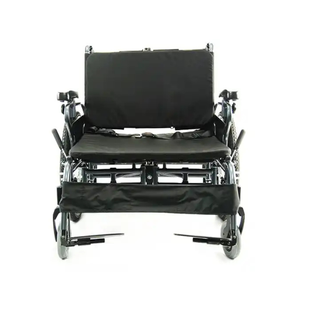 A front view of the Karman KM-BT10 Extra Wide Wheelchair, featuring large all-terrain rear wheels, black frame, padded seat and backrest, and extended footrests, isolated on a white background.