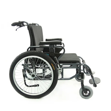 The Karman KM-BT10 Extra Wide Wheelchair features all-terrain rear wheels, small front wheels, armrests, and a footrest in a sleek black design, shown from the side against a plain white background.