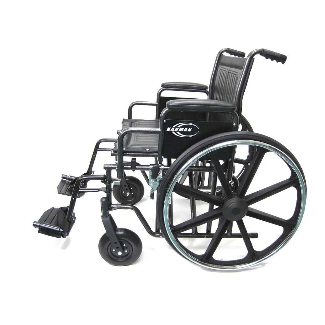 The Karman KN-900W Heavy Duty Bariatric Wheelchair, featuring a durable steel frame and adjustable seat height, is displayed against a white background.