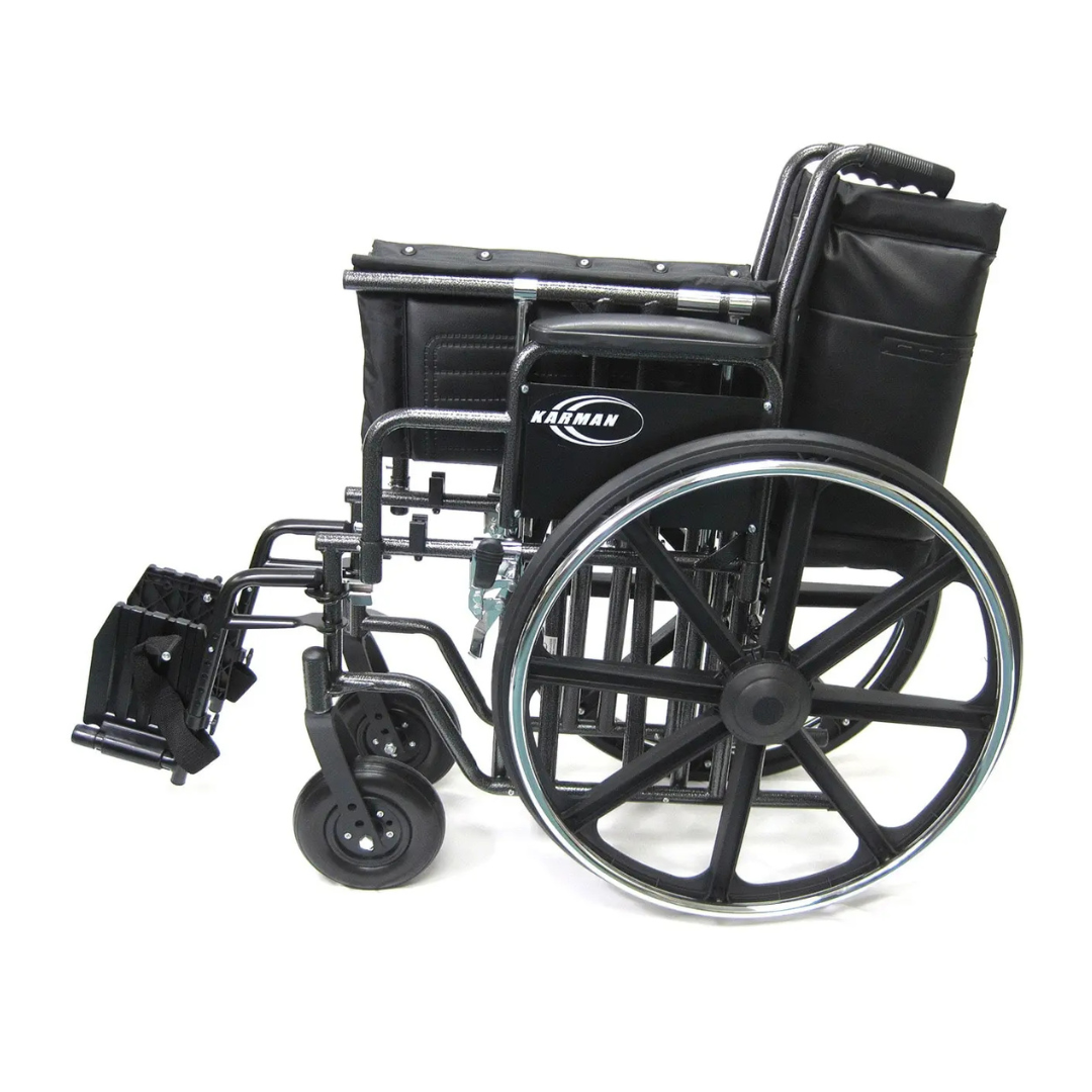 The Karman KN-900W Heavy Duty Bariatric Wheelchair features a durable black steel frame, a black seat, and an adjustable seat height for added comfort.