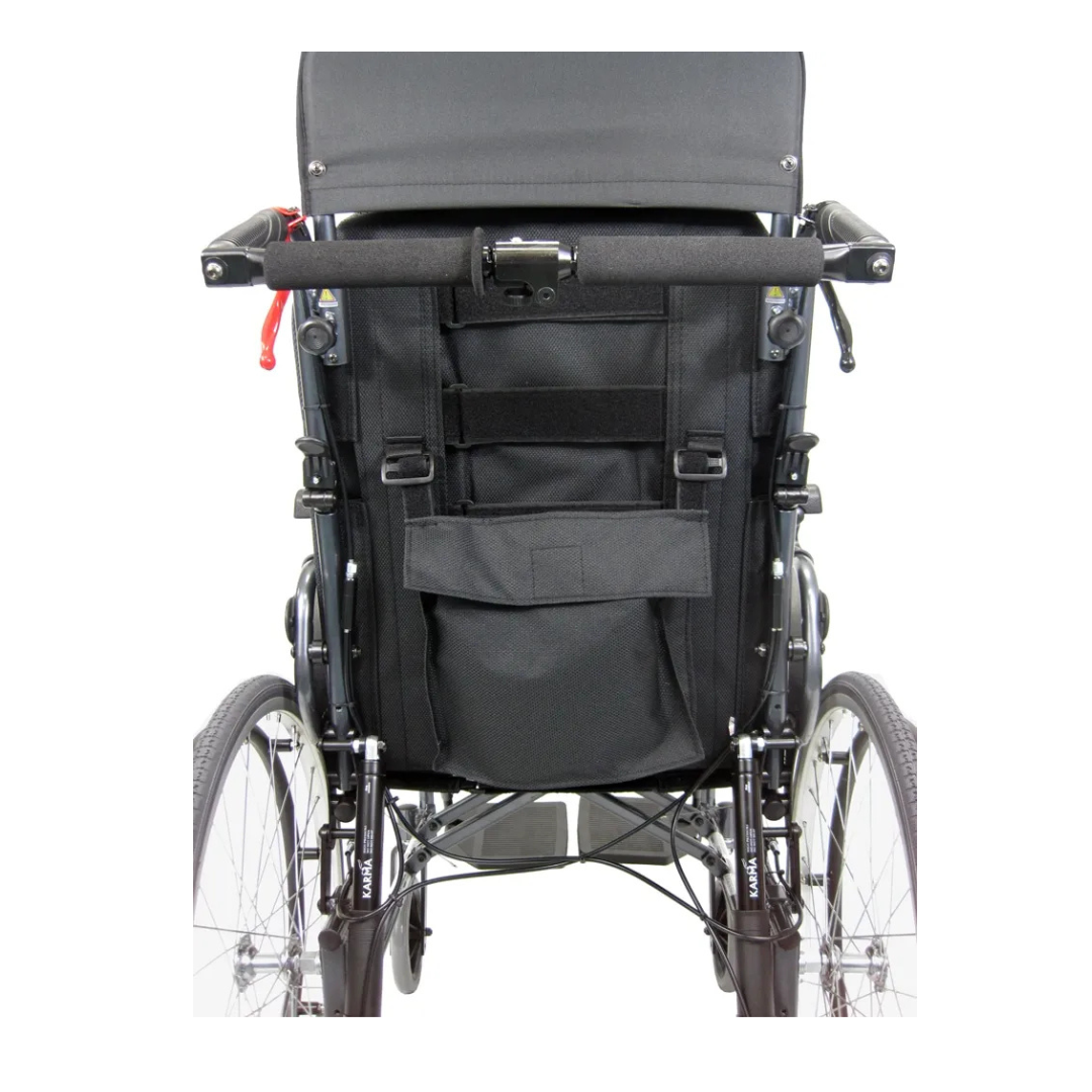 Rear view of the Karman Aluminum Ultra Lightweight MVP-502 Reclining Wheelchair in black, showcasing its supportive backrest, armrests, large rear wheels, and a fabric storage pouch attached to the back.