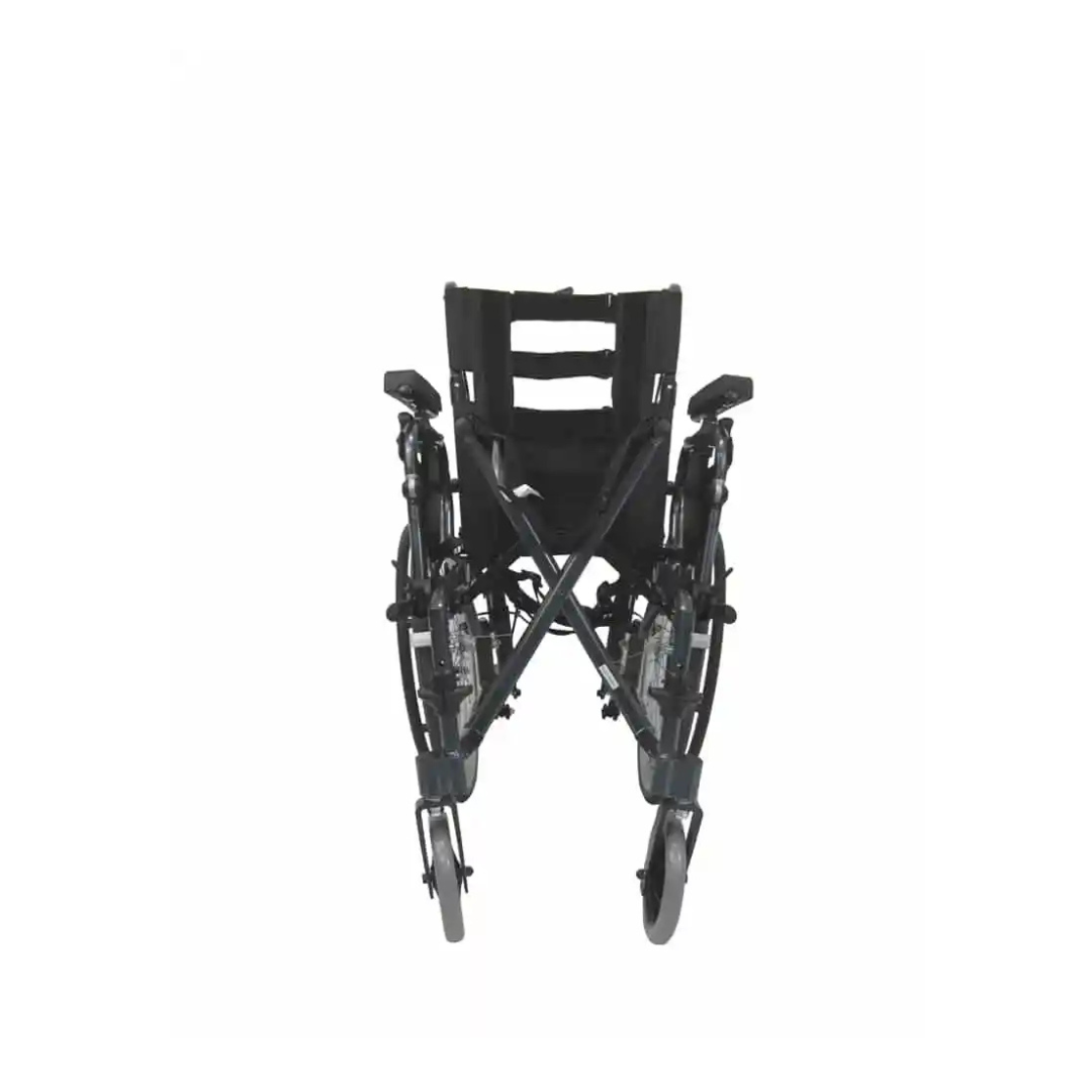 A folded Karman Aluminum Ultra Lightweight MVP-502 Reclining Wheelchair in black, shown from the front with its compact, collapsible frame and wheels against a white background.