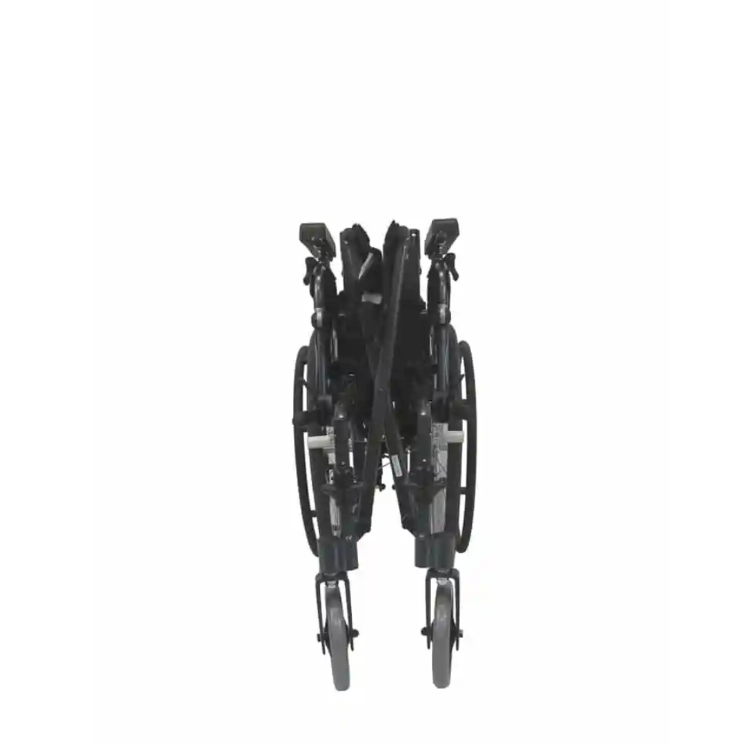 A folded Karman Aluminum Ultra Lightweight MVP-502 Reclining Wheelchair in black is shown from the front against a white background.
