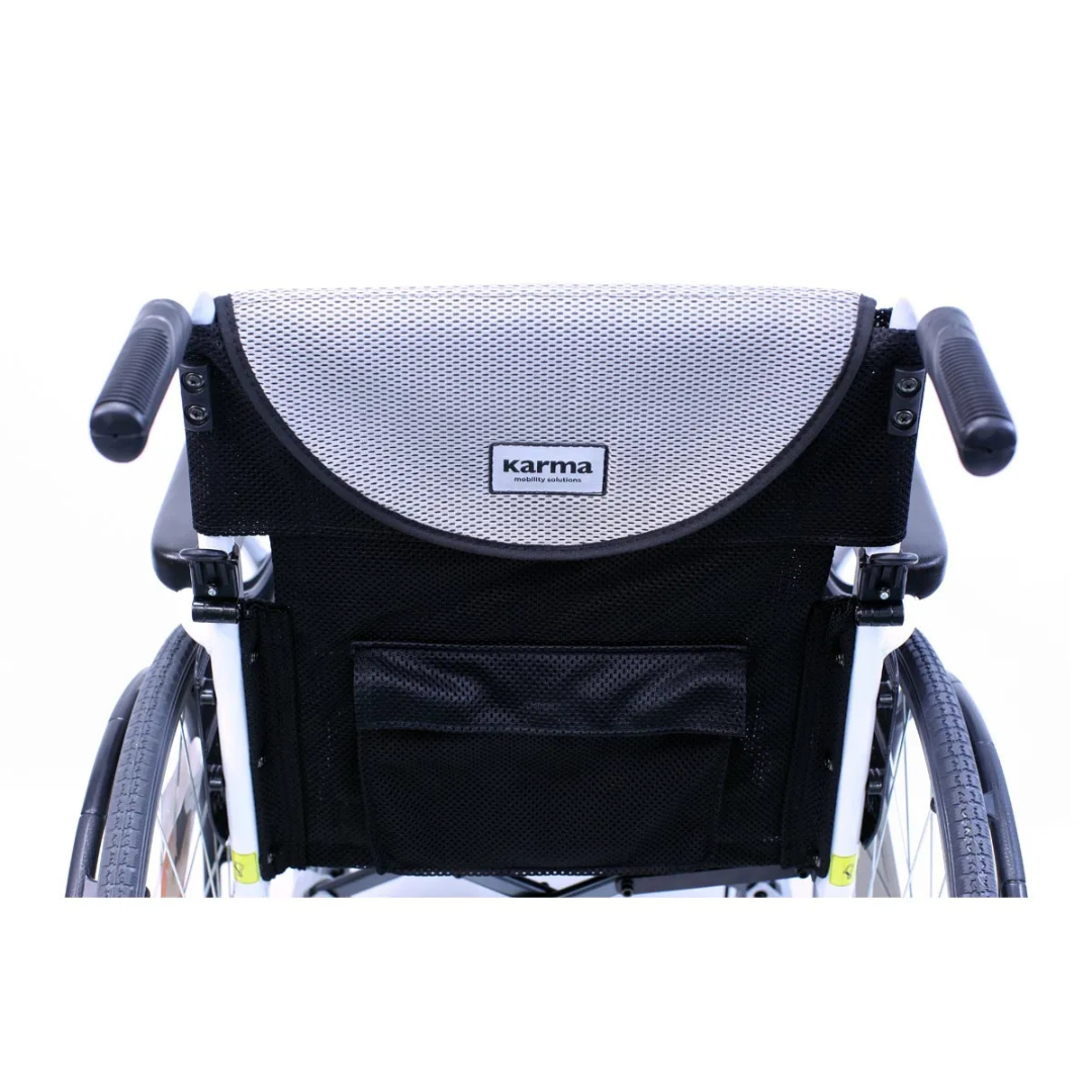 The Karman S-Ergo 115 Ultra Lightweight Wheelchair features a rear view with handlebars, a black and gray mesh backrest displaying the Karma logo, and a storage pocket. A white frame with black wheels offers ergonomic seating for comfort and ease. Weighs just 25 lbs.
