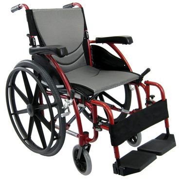 The Karman S-Ergo 115 Ultra Lightweight Ergonomic Wheelchair weighs just 25 lbs and offers a red and black frame with a cushioned gray seat and backrest. It includes ergonomic armrests, footrests, and large rear wheels for easy maneuverability.