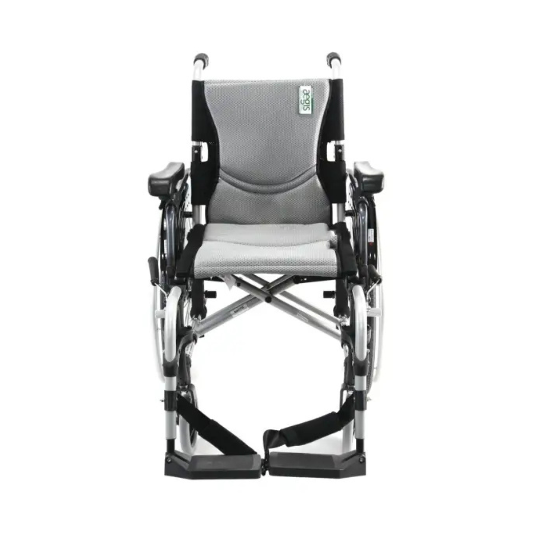 Introducing the Karman S-Ergo 305 Ultra Lightweight Ergonomic Wheelchair. This wheelchair offers long-term mobility and convenience with a foldable design, gray seat and backrest, ergonomic armrests, footrests, handles, and large rear wheels for easy everyday use.