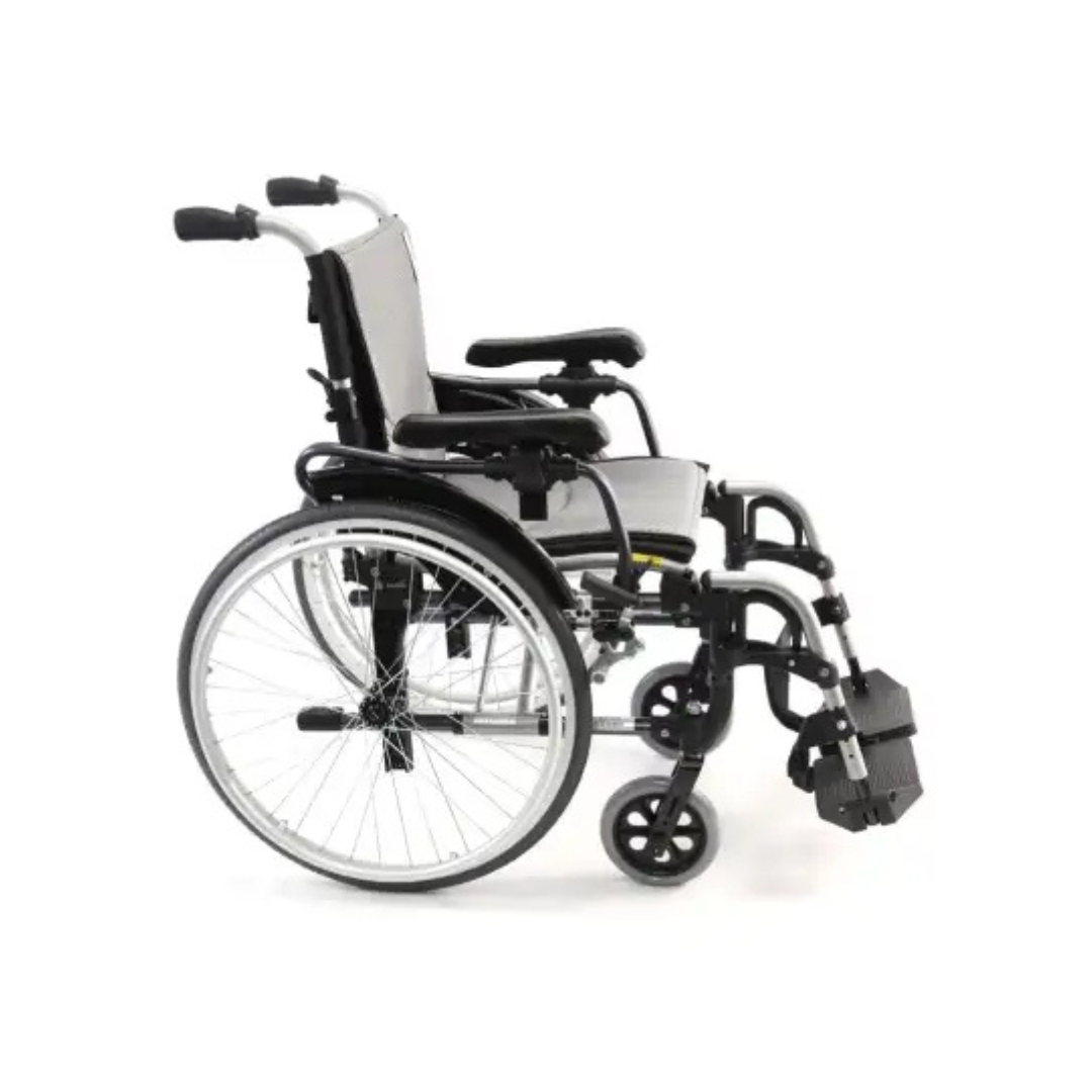 The Karman S-Ergo 305 Ultra Lightweight Ergonomic Wheelchair features a silver frame, black seat, armrests, large rear wheels, smaller front wheels for long-term mobility, and back push handles. Its designed for comfort with an adjustable seat height.