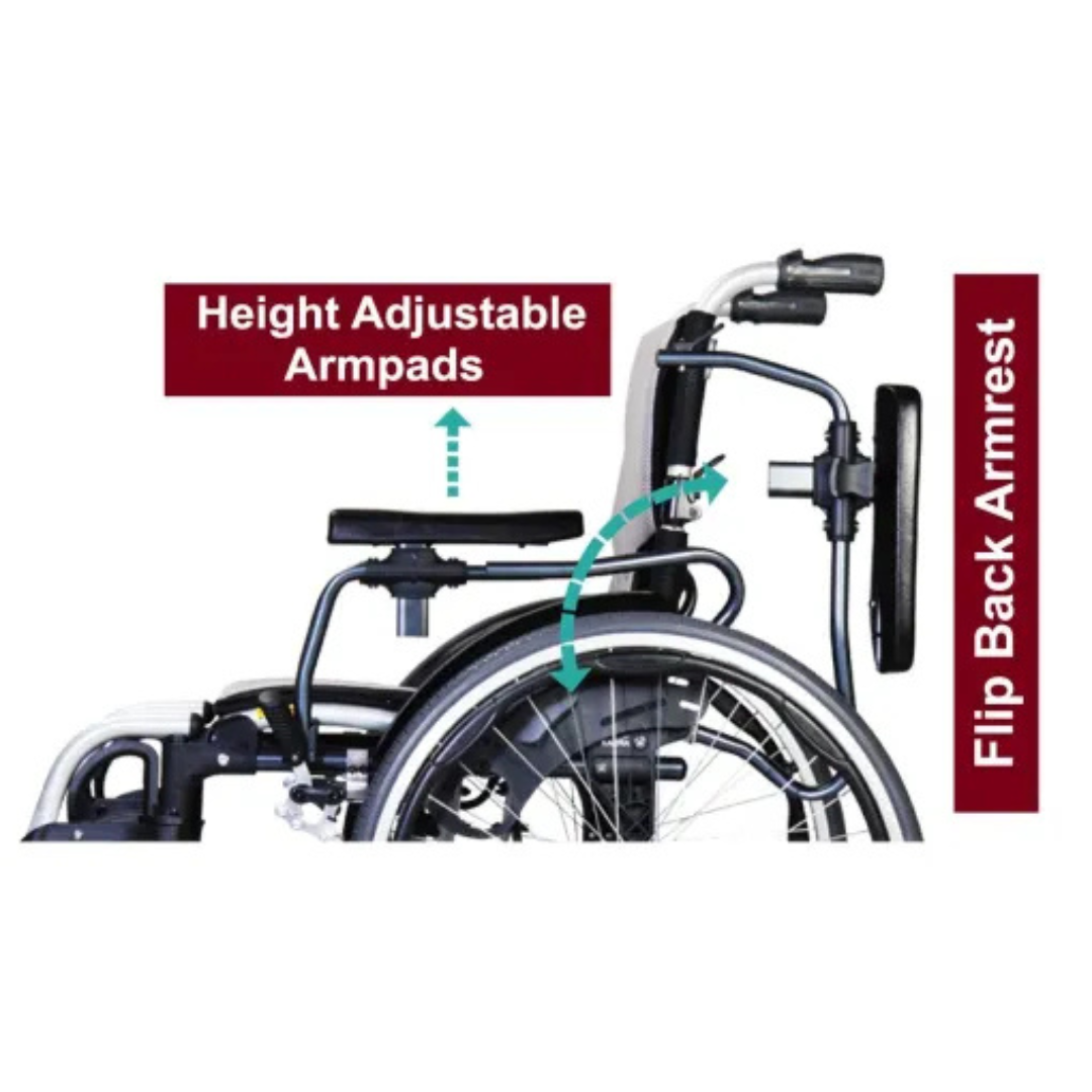 The side view of the Karman S-Ergo 305 Ultra Lightweight Ergonomic Wheelchair features Height Adjustable Armpads with a double-sided arrow and a Flip Back Armrest with a curved arrow, highlighting its ergonomic design ideal for long-term mobility.
