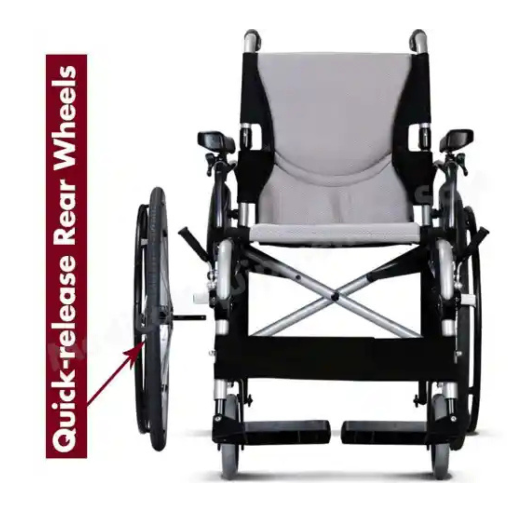 The Karman S-Ergo 305 Ultra Lightweight Ergonomic Wheelchair - Adjustable Seat Height showcases a silver frame and black seat. It features quick-release rear wheels for easy removal, visible footrests, armrests, and is perfect as a long-term mobility aid.