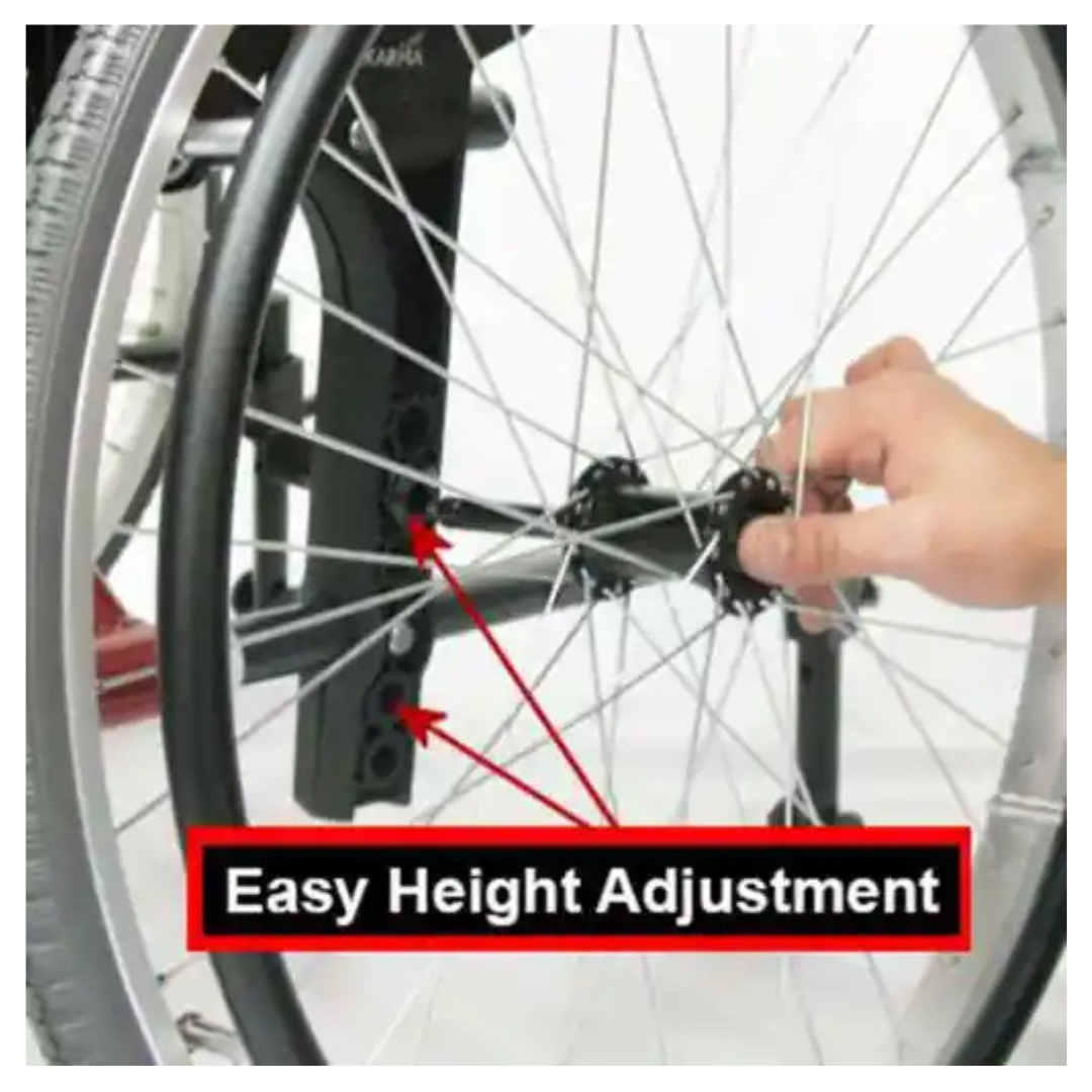 A close-up shows a person adjusting the spokes of the Karman S-Ergo 305 Ultra Lightweight Ergonomic Wheelchair wheel. Red arrows highlight the axles height adjustment feature. Text reads: Easy Height Adjustment, ideal for long-term mobility aid and comfort.