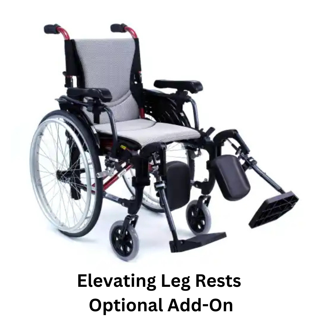 The Karman S-Ergo 305 Ultra Lightweight Ergonomic Wheelchair in black and gray with red accents offers optional elevating leg rests for comfort. It features large rear and smaller front wheels, making it ideal as a long-term mobility aid.