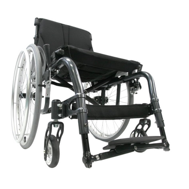 The Karman S-Ergo ATX Active Wheelchair, weighing just 26 lbs, boasts an impressive strength-to-weight ratio. This black and silver ultralite wheelchair features large rear wheels, smaller front casters, a mesh seat, and a forward-extended footrest against a white background.