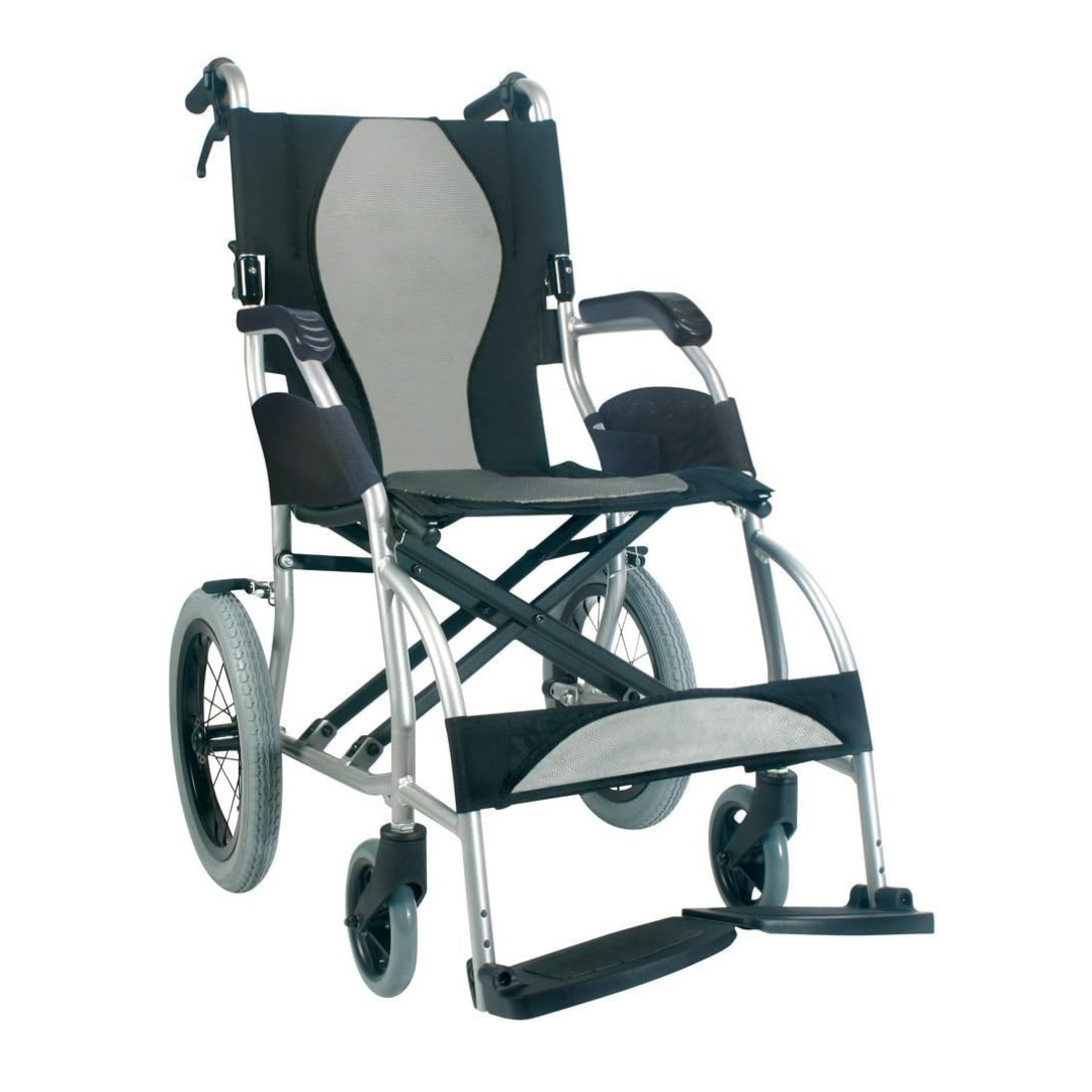 The Karman Ergo Lite Ultra Lightweight Ergonomic Transport Chair weighs just 18 lbs and features a foldable design with black and gray fabric. It includes armrests, footrests, large rear wheels, and smaller front wheels for enhanced maneuverability and comfort.