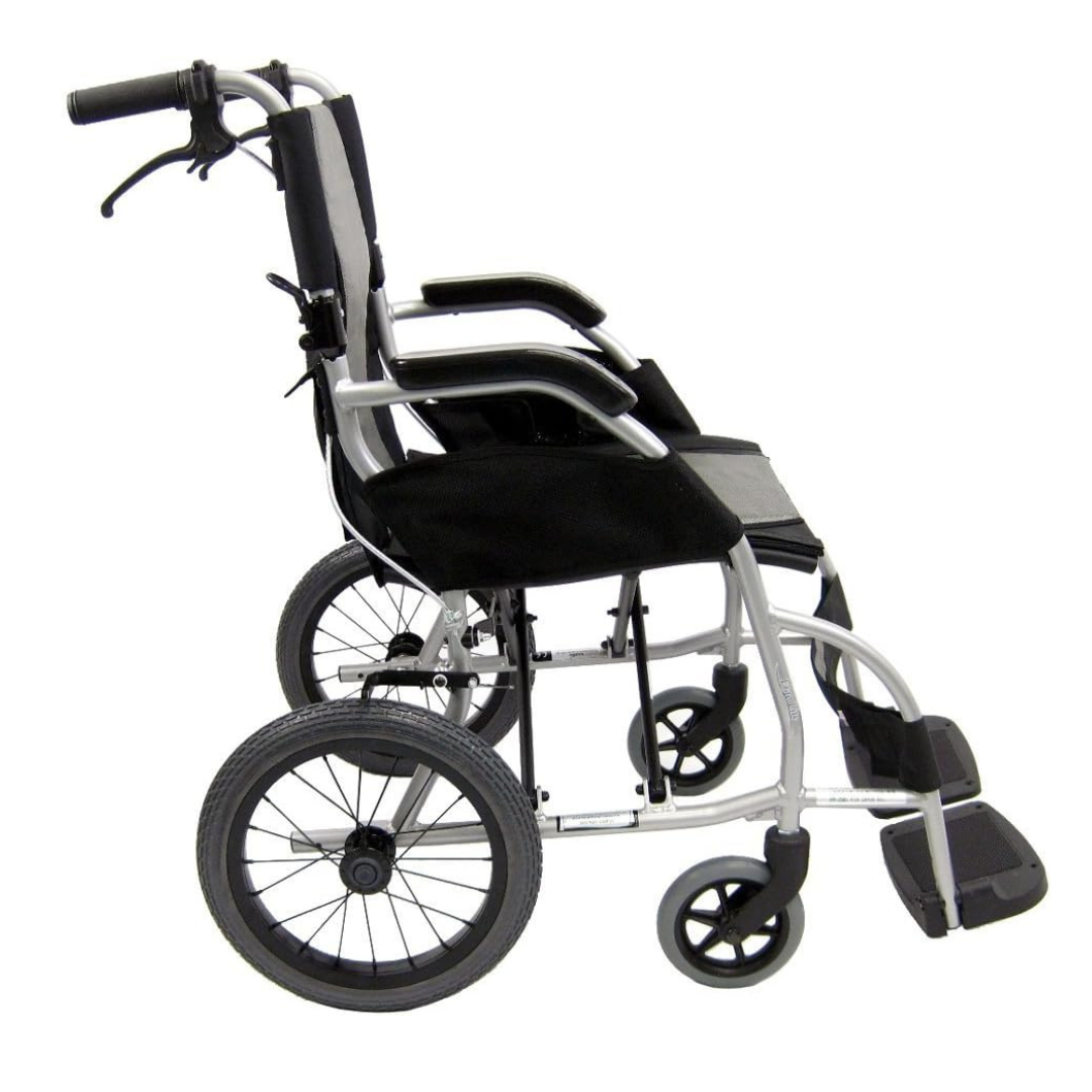 Side view of the Karman Ergo Lite Ultra Lightweight Ergonomic Transport Chair, weighing only 18 lbs, with a silver frame, black seat, and armrests. It features large rear wheels and smaller front ones for easy transport and maneuverability.