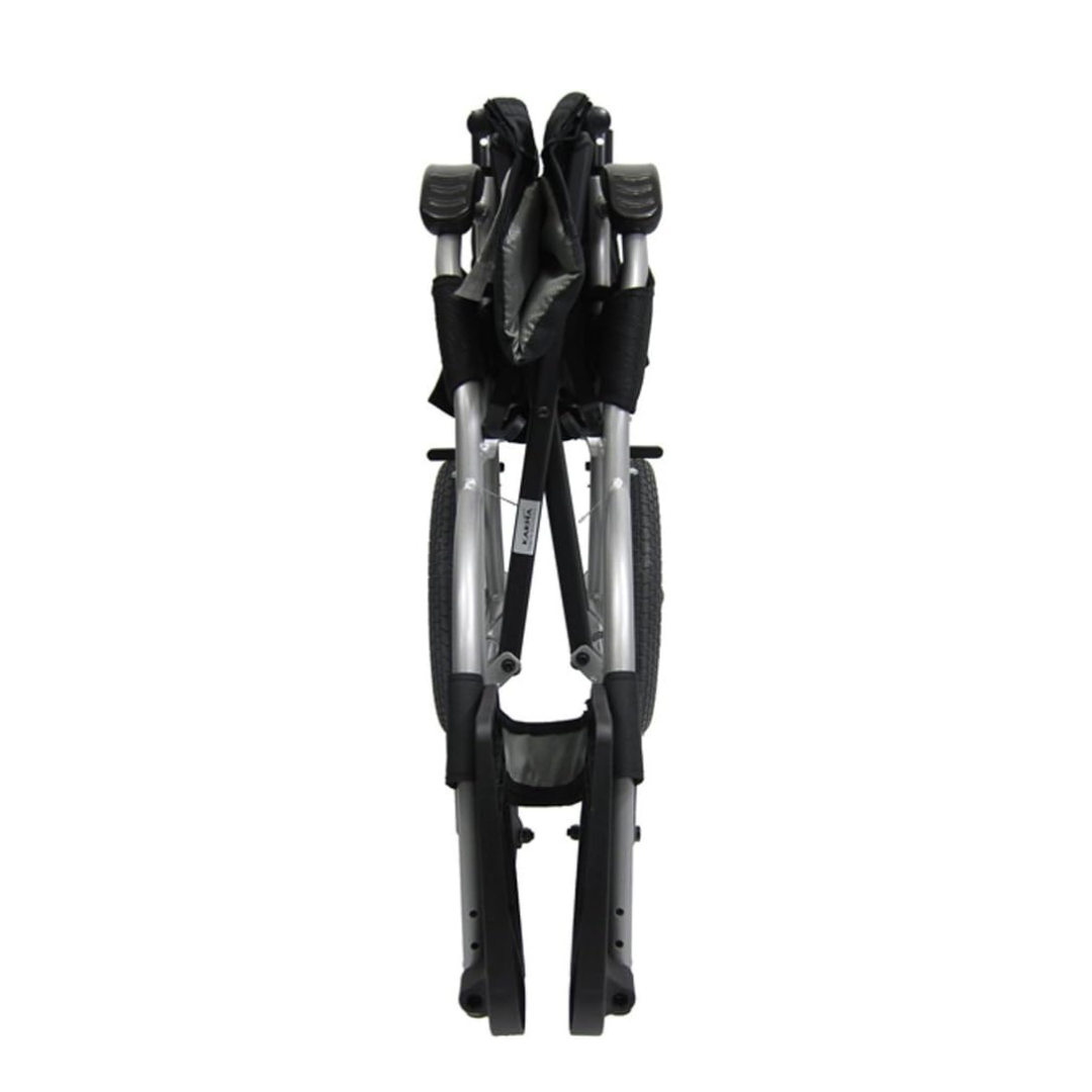 A compact, ultra-lightweight transport chair with a silver frame and black accents, shown from the back, highlighting its ergonomic wheels and design.